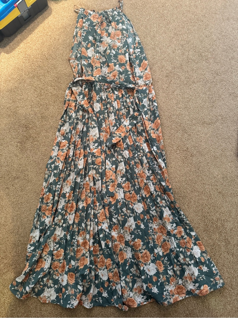 Floral halter Dress in Green and Peach - Sleeveless Summer Dress